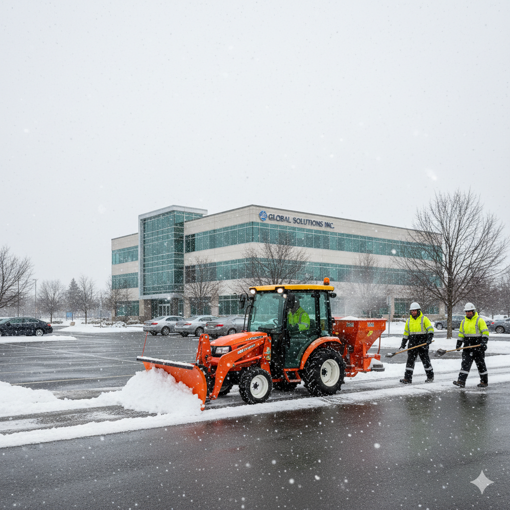 Winterarbeiter streut Splitt auf einen vereisten Gehweg vor einem Haus