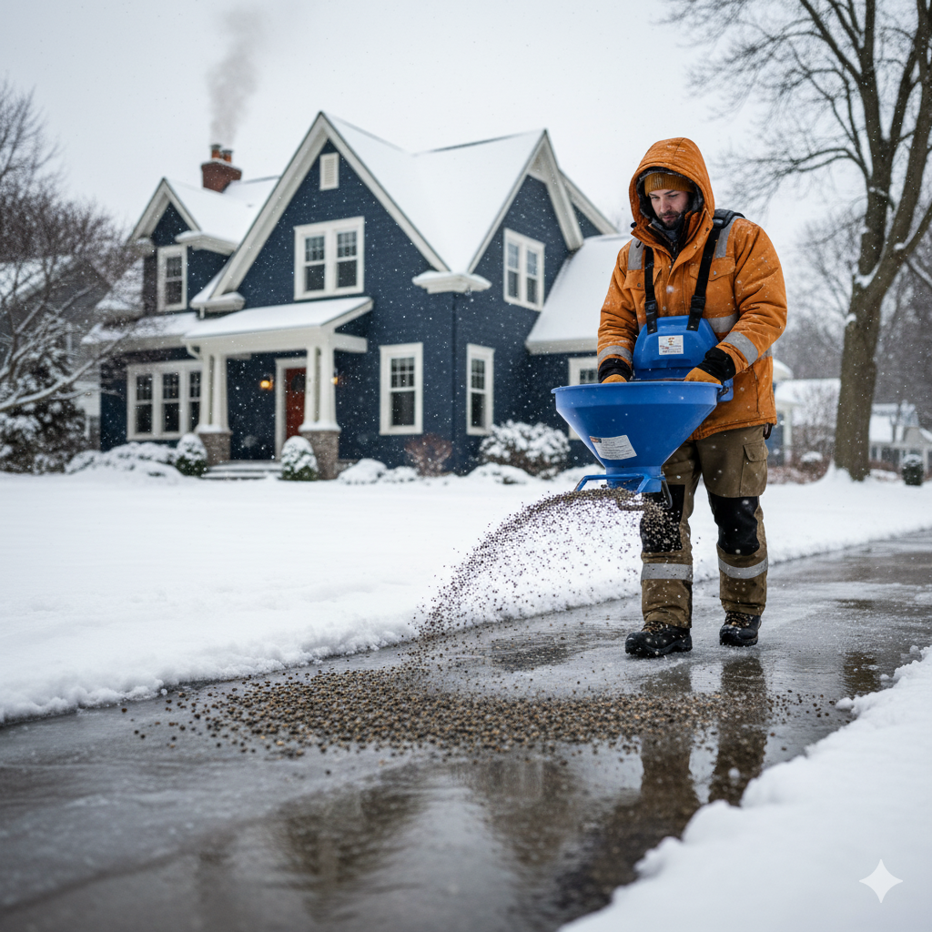 Professioneller Winterdienst im Einsatz mit kleinem Traktor vor einem Firmenparkplatz
