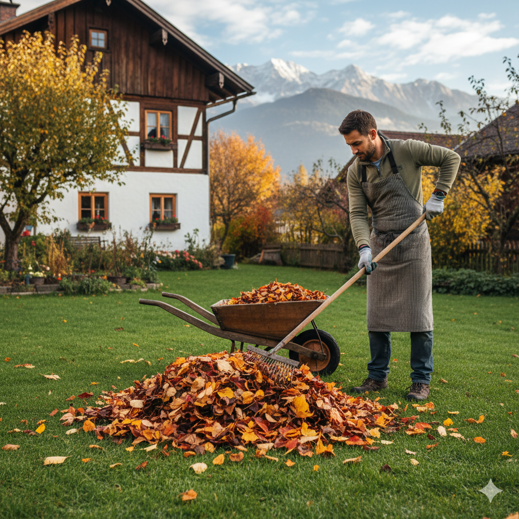 Rasen wird vertikutiert und Laub entfernt, gepflegter Garten, realistisch, 1:1