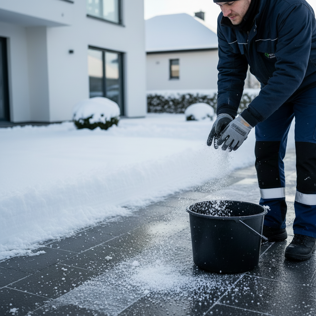 Mitarbeiter beim Streuen von Splitt auf einem Gehweg